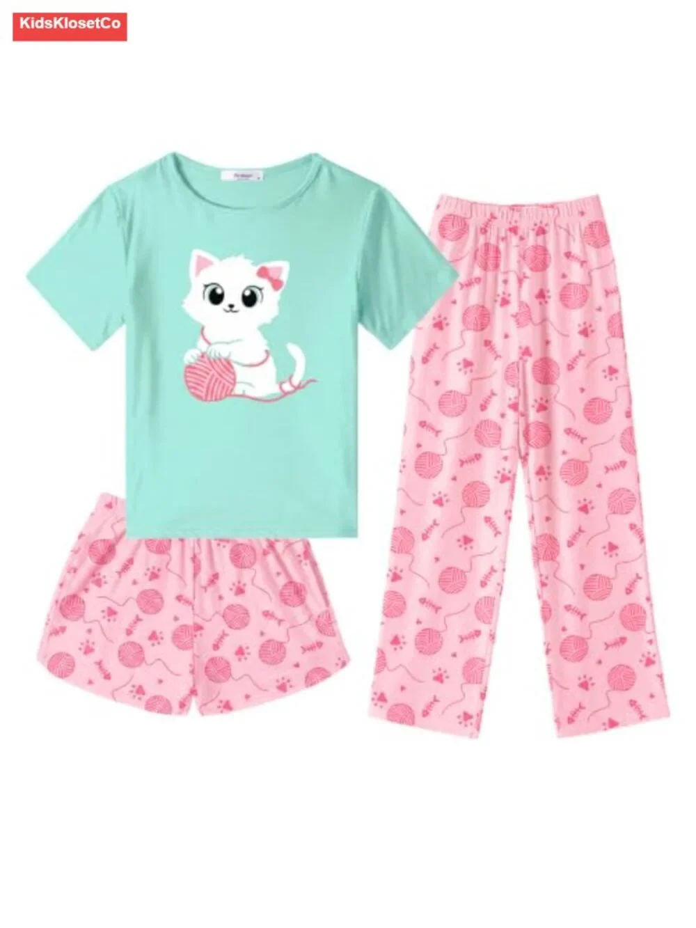 Girls 3 Piece Pajama Set Short Sleeve Sleepwear Polyester Spandex Summer Pjs